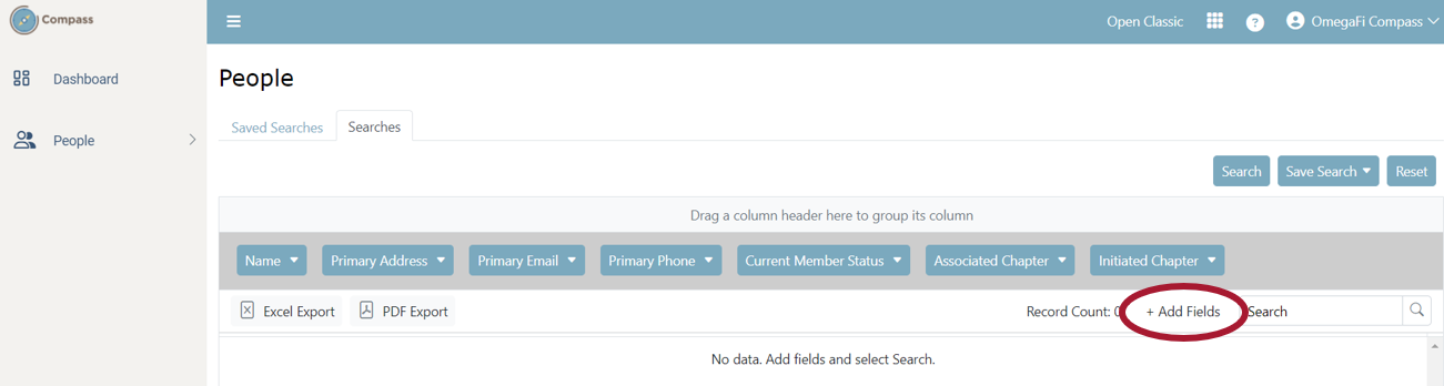 People search interface with add fields option.